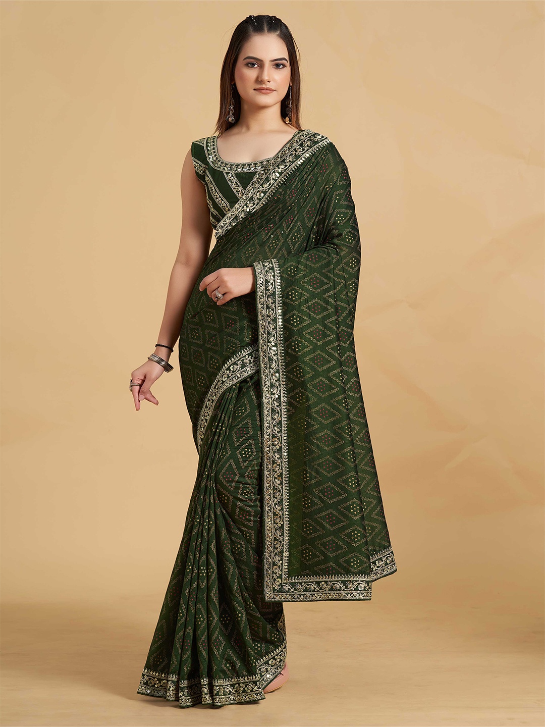 

ZIKARAA Ethnic Motifs Embroidered Sequinned Saree, Olive