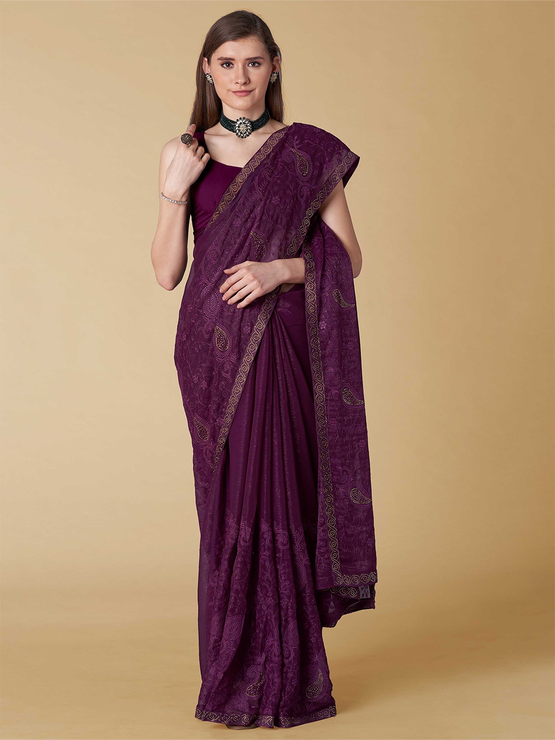 

ZIKARAA Ethnic Motifs Embroidered Beads & Stones Work Saree, Purple