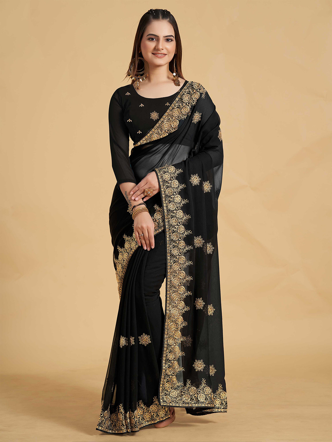 

ZIKARAA Ethnic Motifs Embroidered Saree, Black