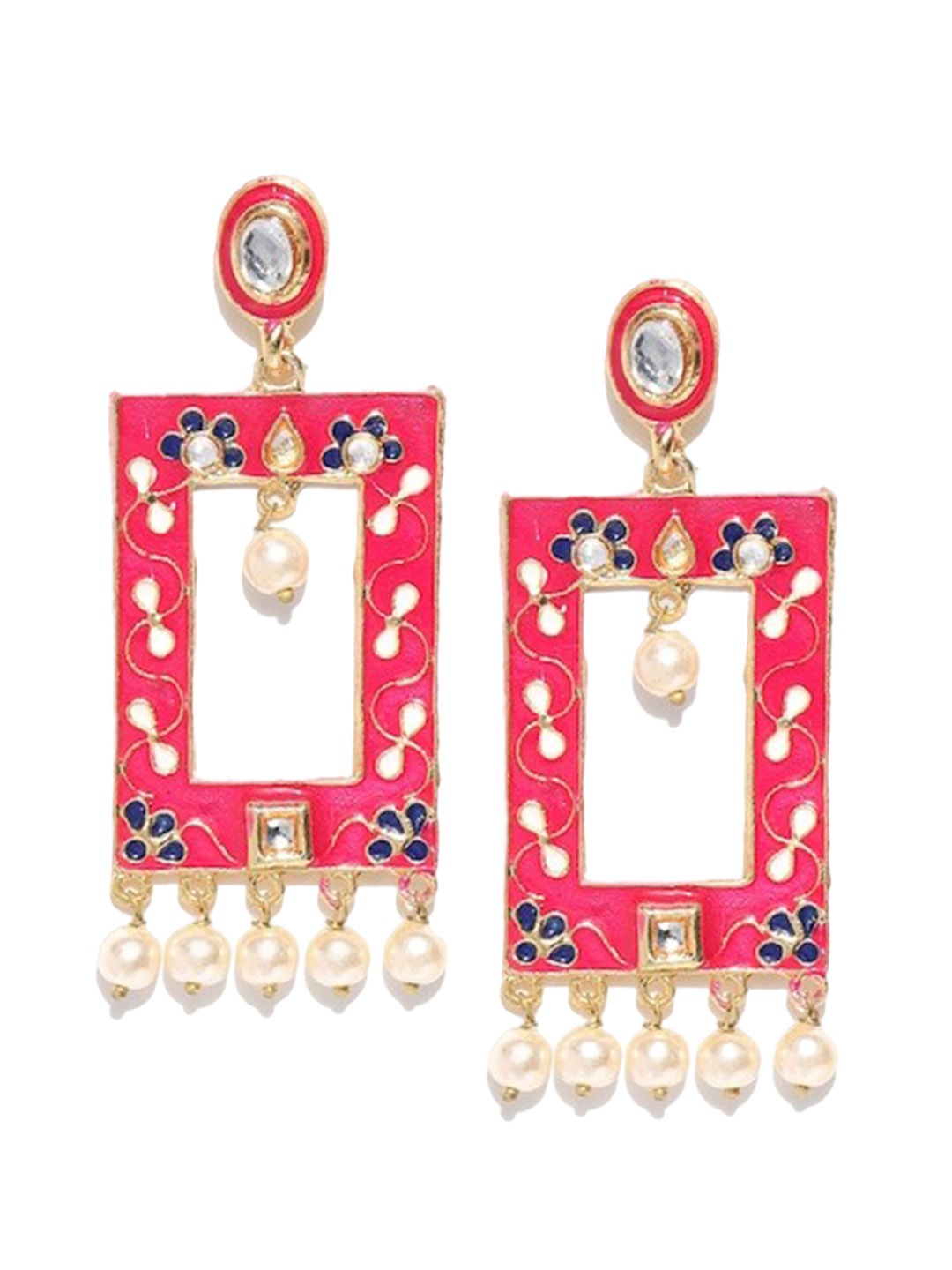 

Infuzze Gold-Plated Beaded Square Shaped Meenakari Drop Earrings