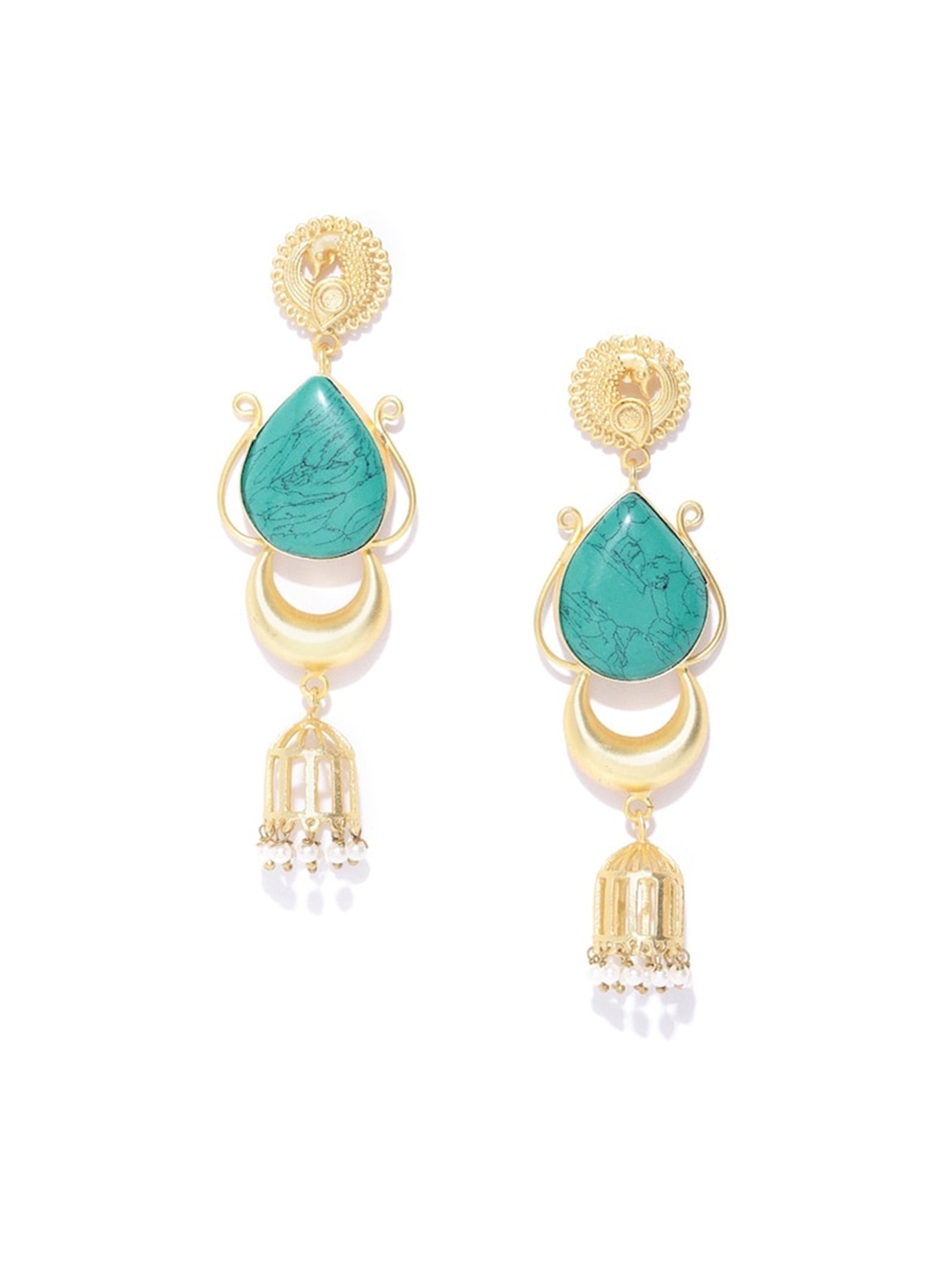 

Infuzze Turquoise Gold Plated Contemporary Stone Studded And Beaded Jhumkas