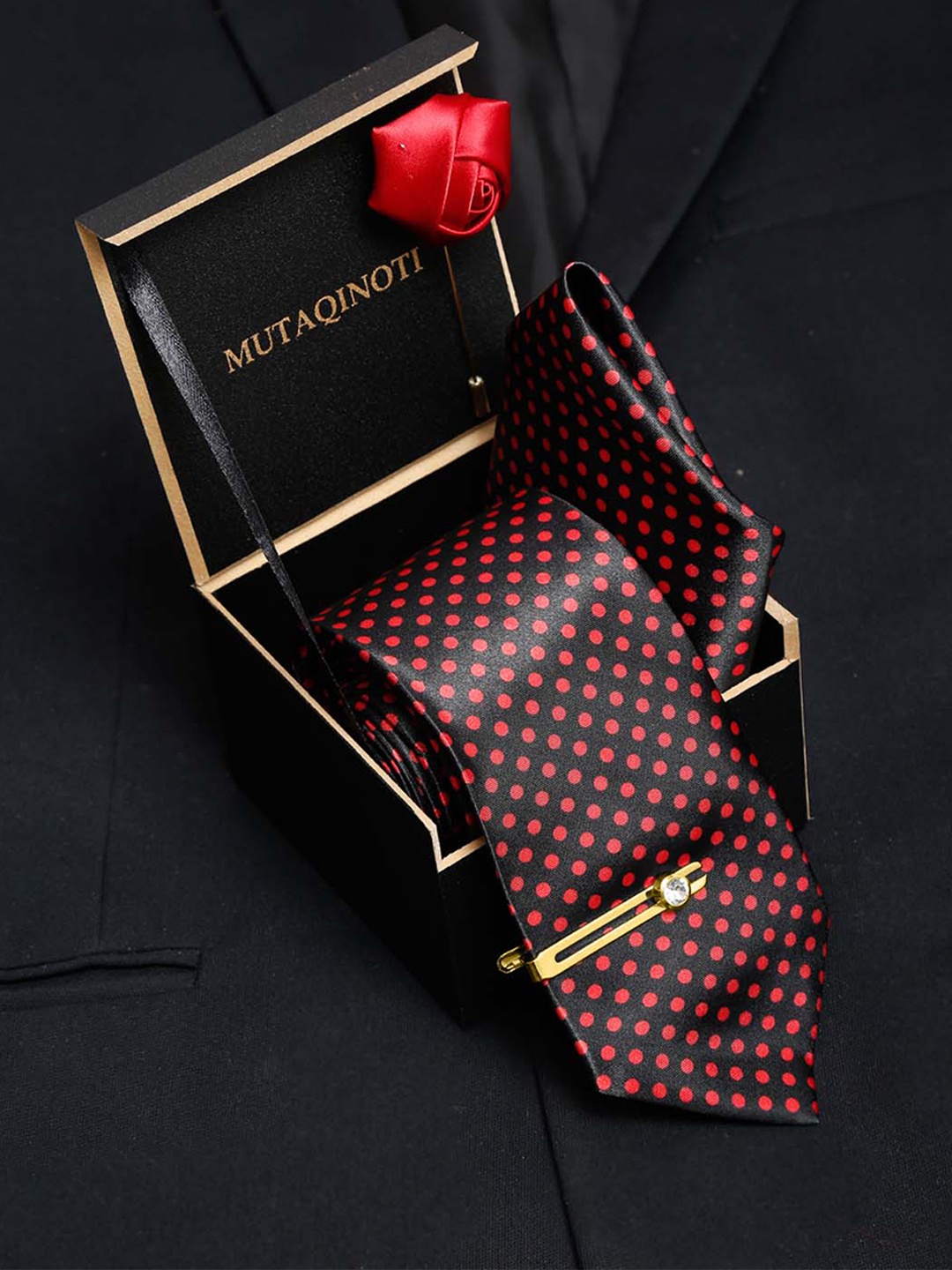 

MUTAQINOTI Men Printed Skinny Tie With Tiepin & Pocket Square, Black
