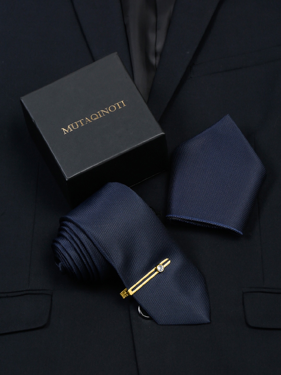 MUTAQINOTI Men Solid Silk Formal Accessory Gift Set, Navy blue