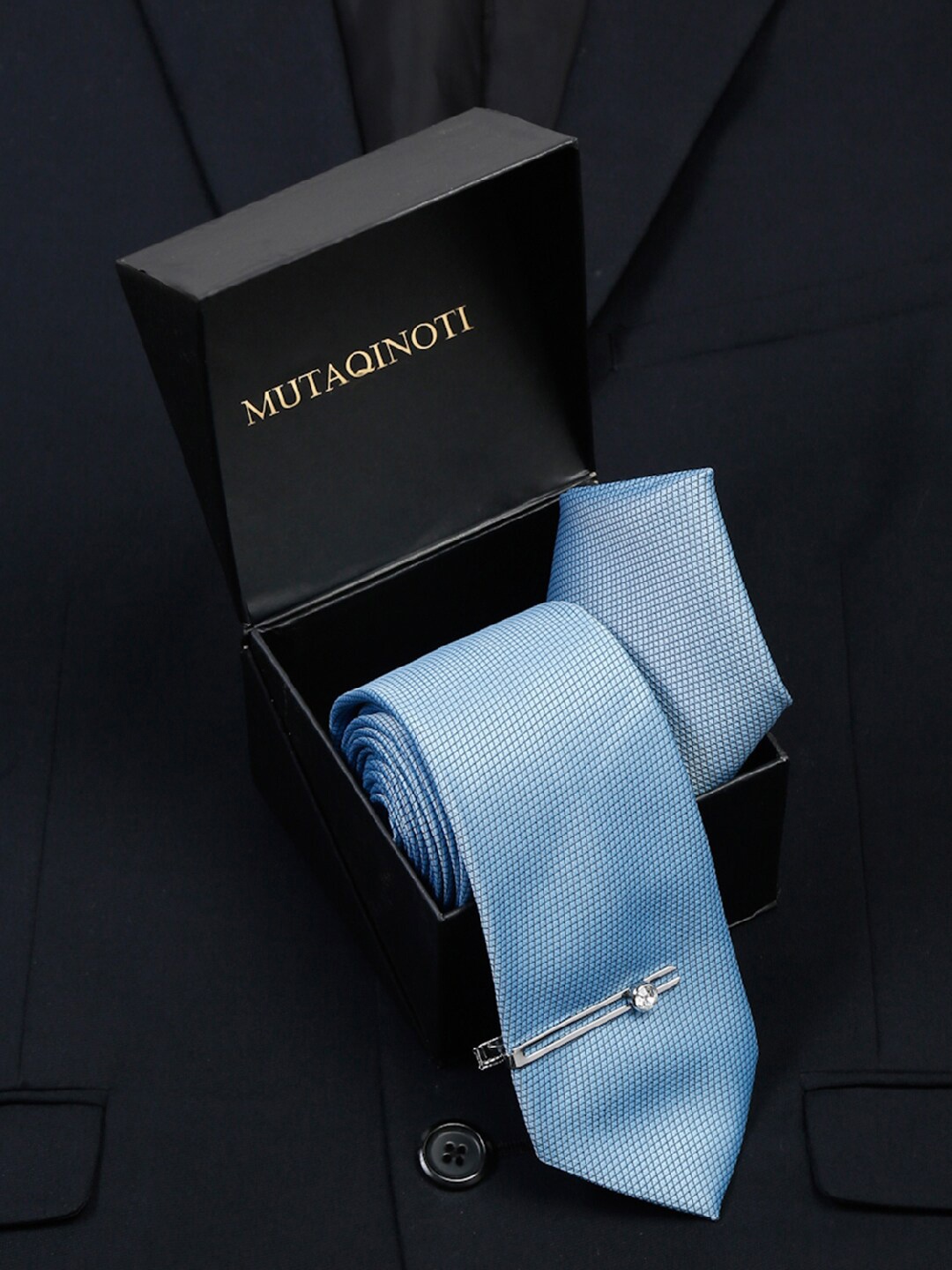 

MUTAQINOTI Men Silk Necktie Accessory Gift Set, Blue