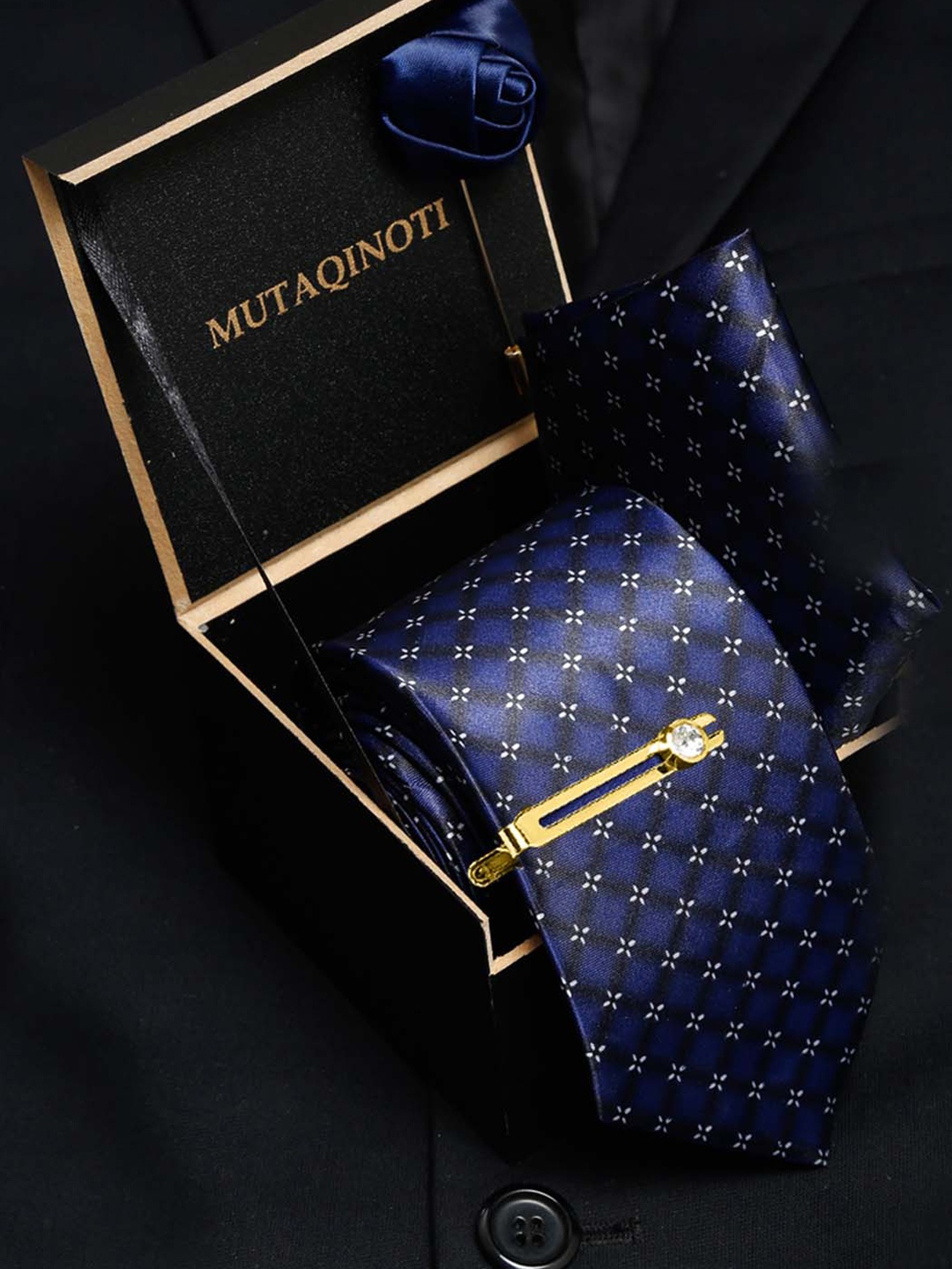 

MUTAQINOTI Men Printed Skinny Tie With Tiepin & Pocket Square, Blue