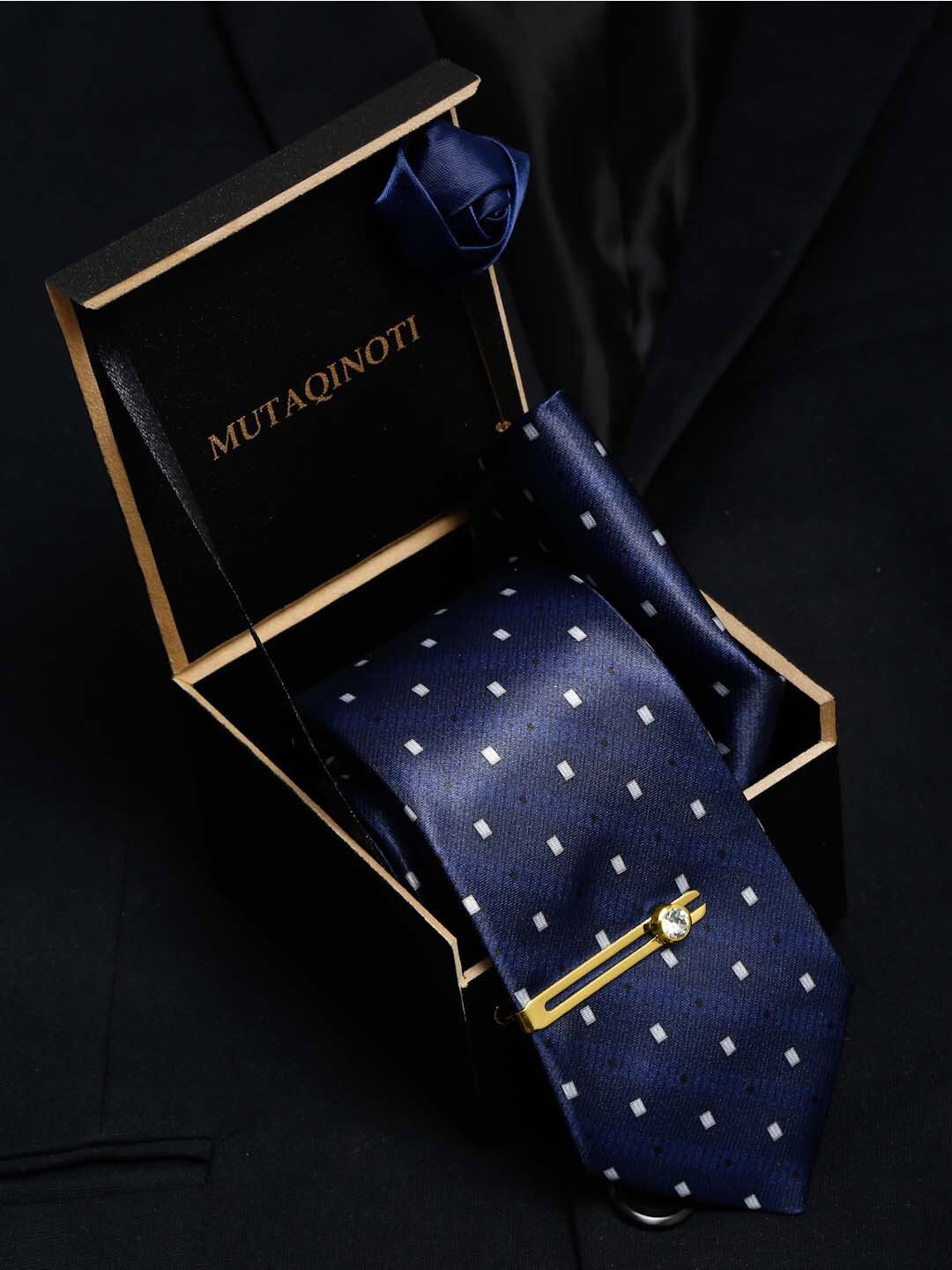 

MUTAQINOTI Men Printed Skinny Tie With Tiepin & Pocket Square, Blue