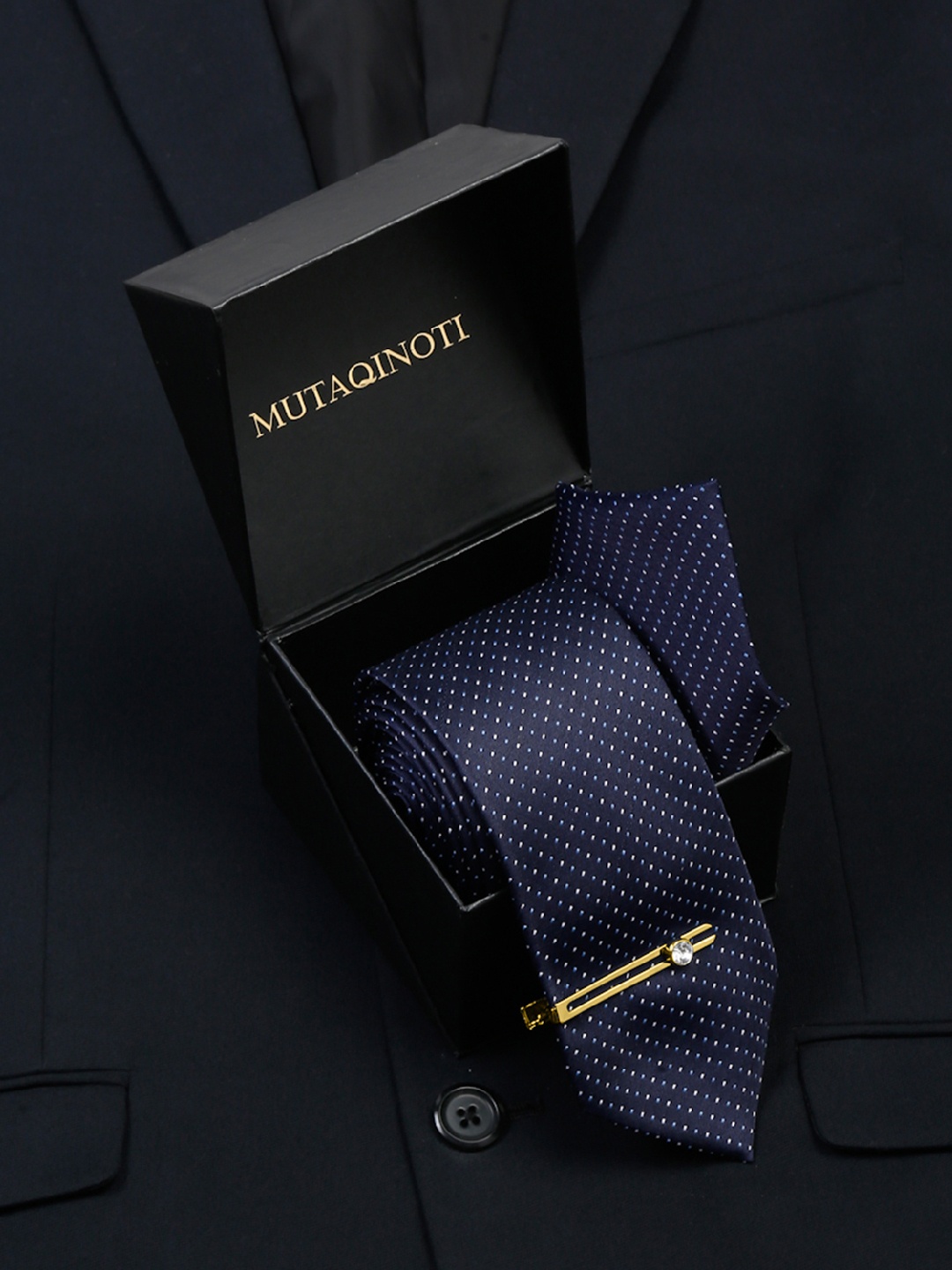 

MUTAQINOTI Men Checkered Silk Necktie Accessory Gift Set, Navy blue