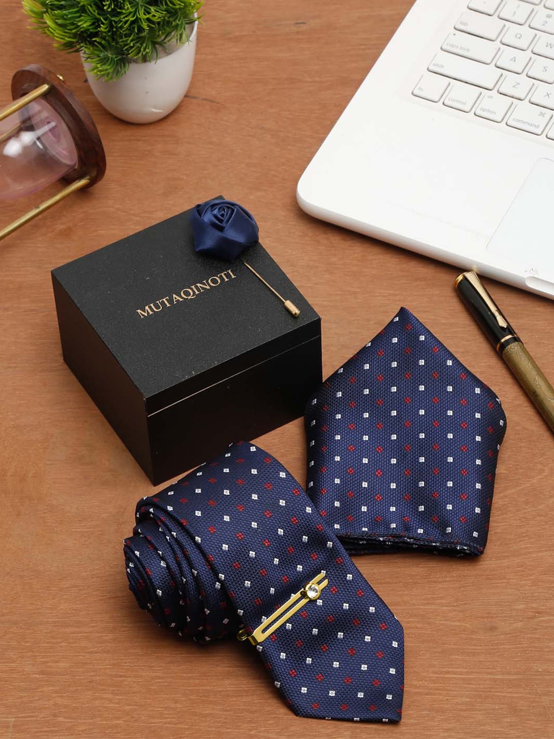 

MUTAQINOTI Men Printed Skinny Tie With Tiepin & Pocket Sqaure, Blue