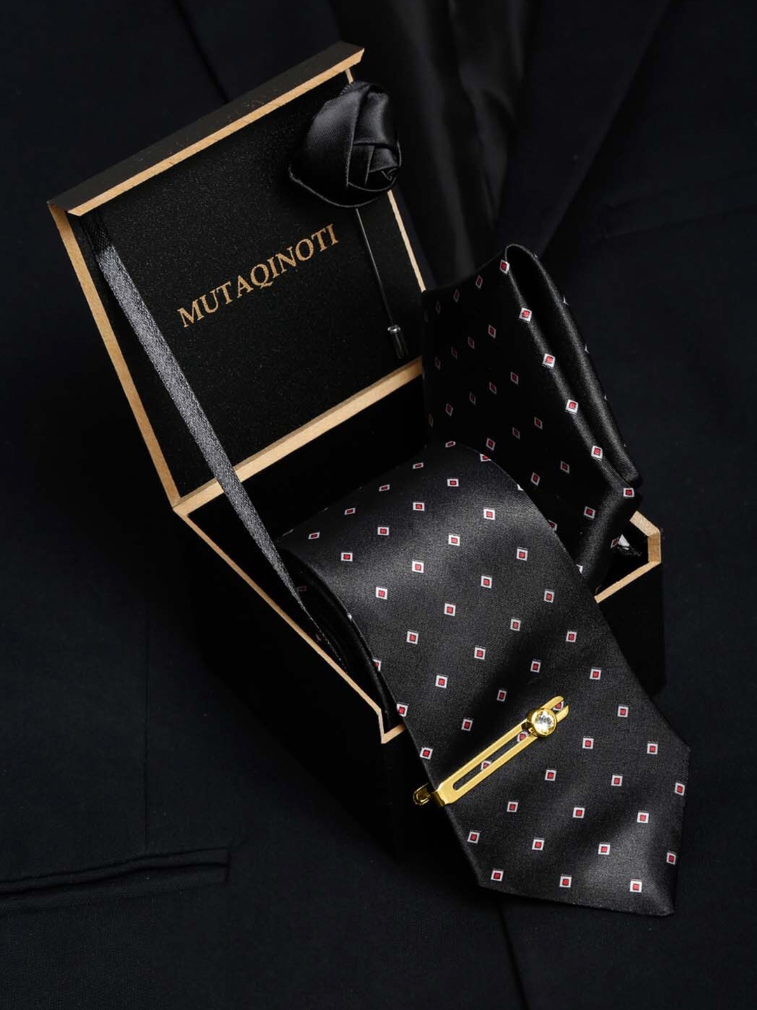 

MUTAQINOTI Men Printed Skinny Tie With Tiepin & Pocket Sqaure, Black
