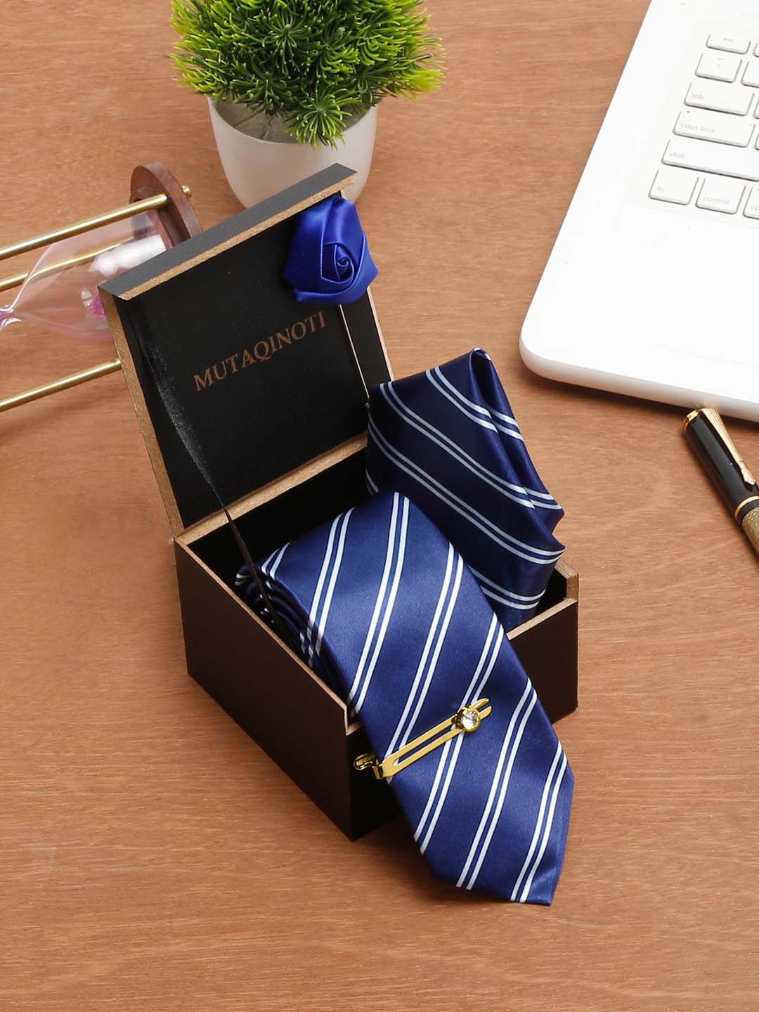 

MUTAQINOTI Men Printed Skinny Tie With Tiepin & Pocket Sqaure, Blue