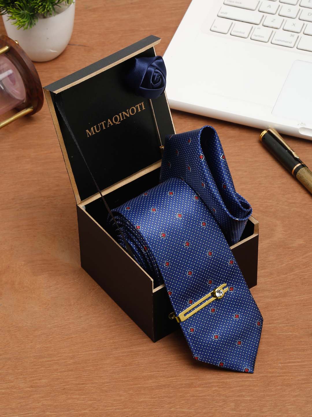 

MUTAQINOTI Men Printed Skinny Tie With Tiepin & Pocket Square, Blue