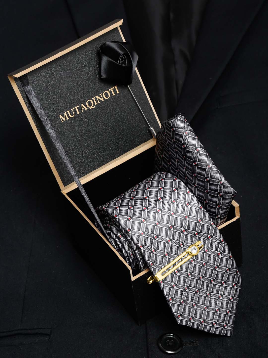 

MUTAQINOTI Men Printed Skinny Tie With Tiepin & Pocket Square, Black