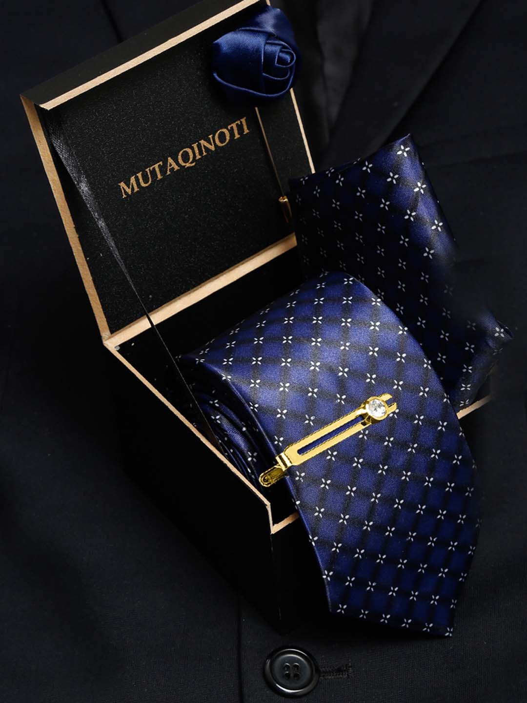 

MUTAQINOTI Men Printed Skinny Tie With Tiepin & Pocket Square, Blue