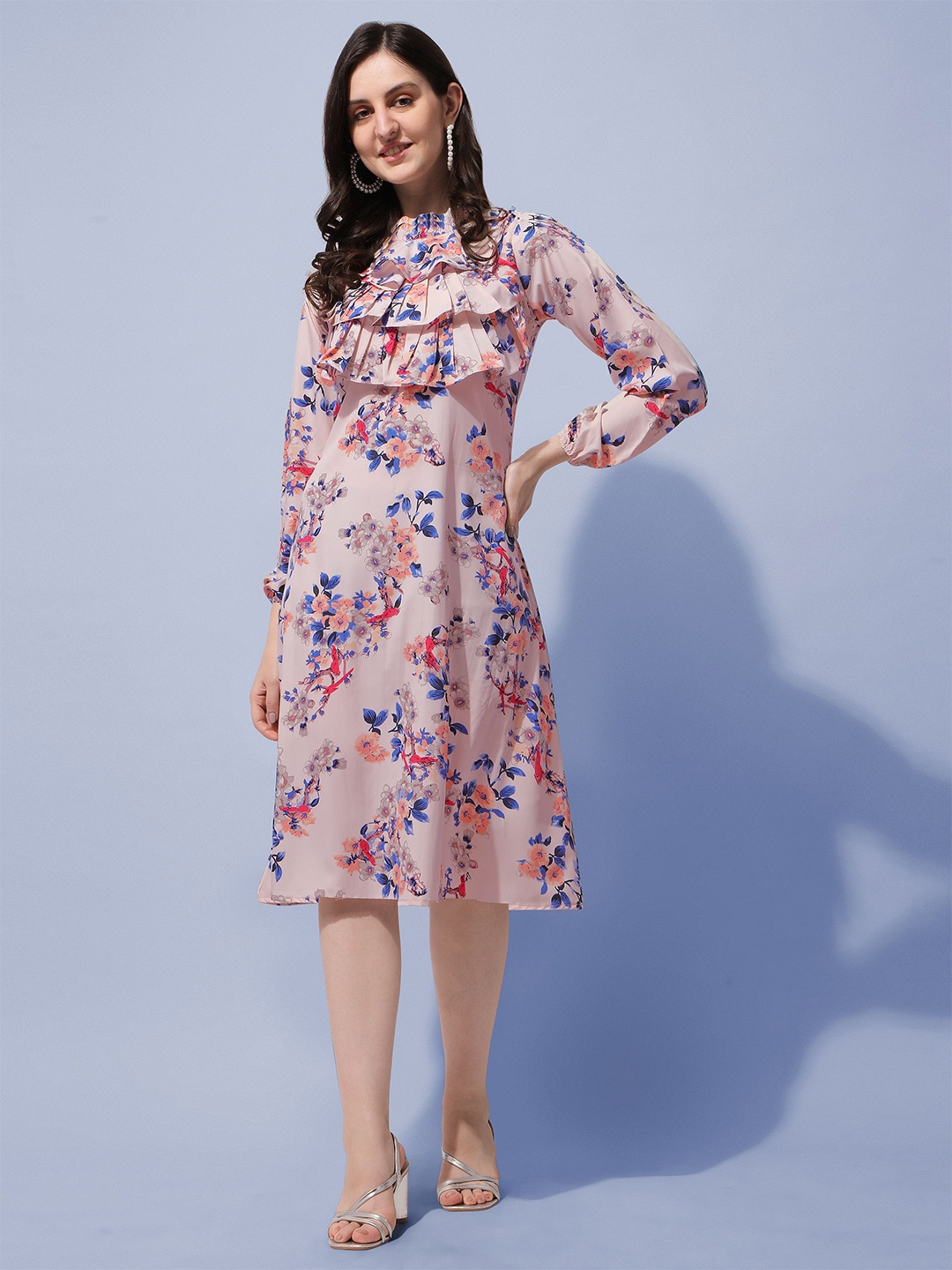 

Oomph! Floral Printed Puff Sleeves Ruffled A-Line Dress, Pink