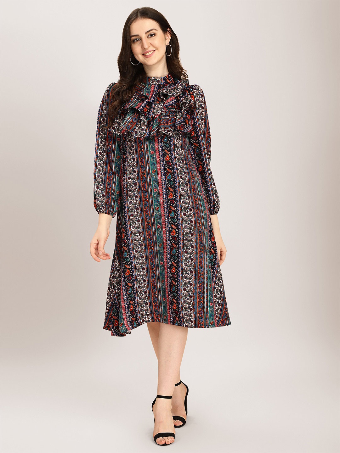 

Oomph! Floral Printed Puff Sleeves Ruffled A-Line Dress, Black