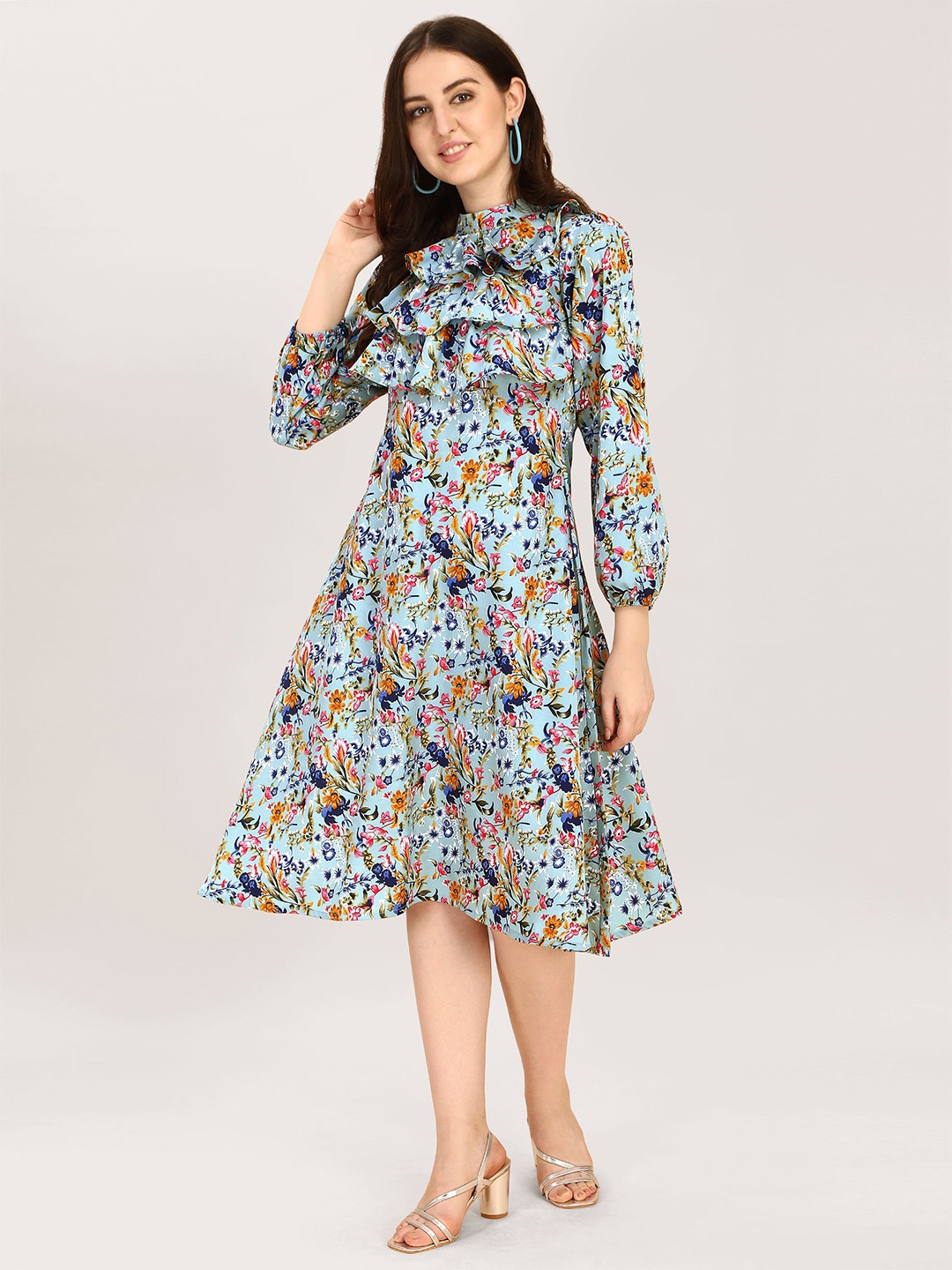 

Oomph! Floral Print Bell Sleeve Crepe Fit & Flare Dress, Blue