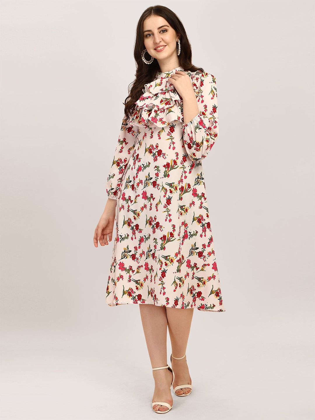 

Oomph! Floral Print Puff Sleeve Crepe Fit & Flare Midi Dress, White