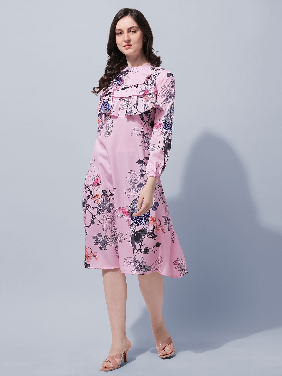 

Oomph! Floral Printed Crepe A-Line Midi Dress, Pink