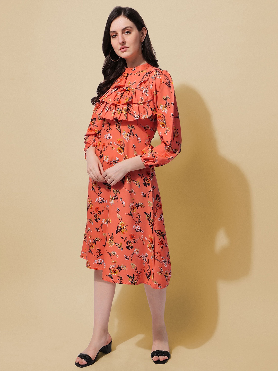 

Oomph! Floral Print Crepe Fit & Flare Dress, Orange