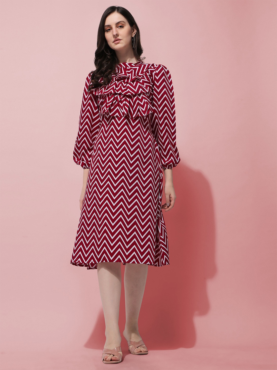 

Oomph! Chevron Printed Puff Sleeves Ruffled A-Line Dress, Red
