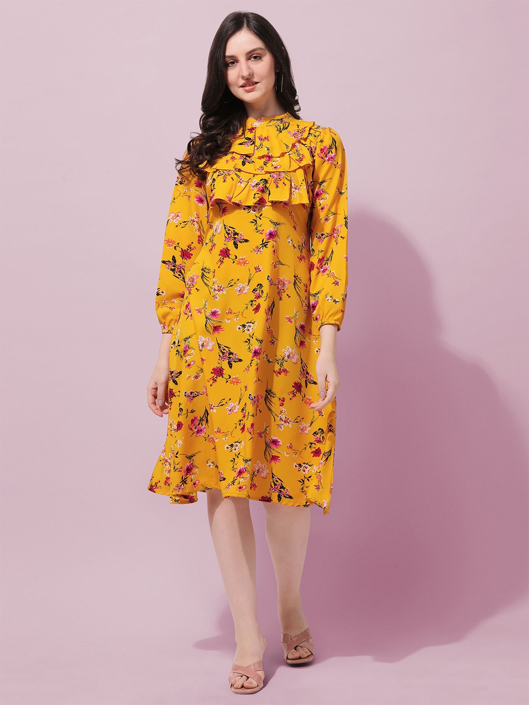 

Oomph! Floral Printed Crepe A-Line Midi Dress, Yellow