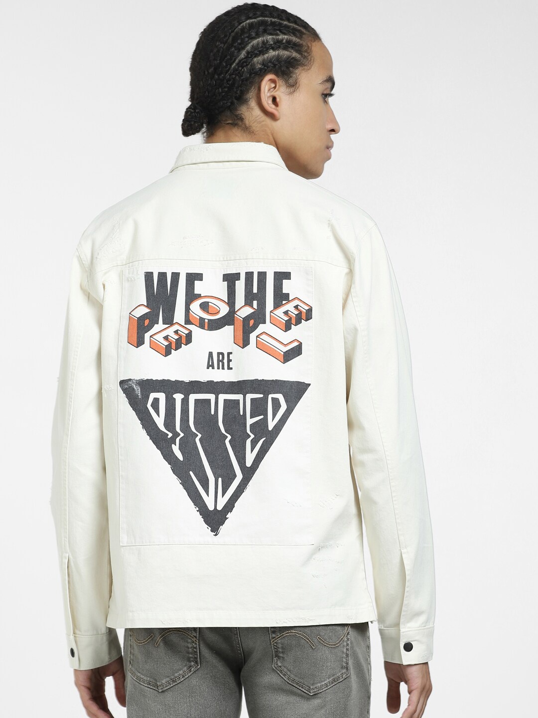 

Jack & Jones Typography Printed Long Sleeves Cotton Denim Jacket, White