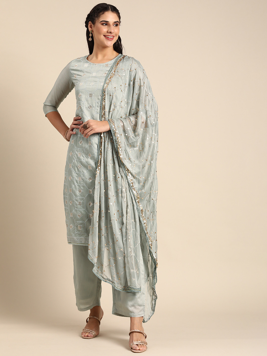 

Sangria Women Grey Ethnic Motifs Embroidered Regular Sequinned Chanderi Silk Kurta with Palazzos & With