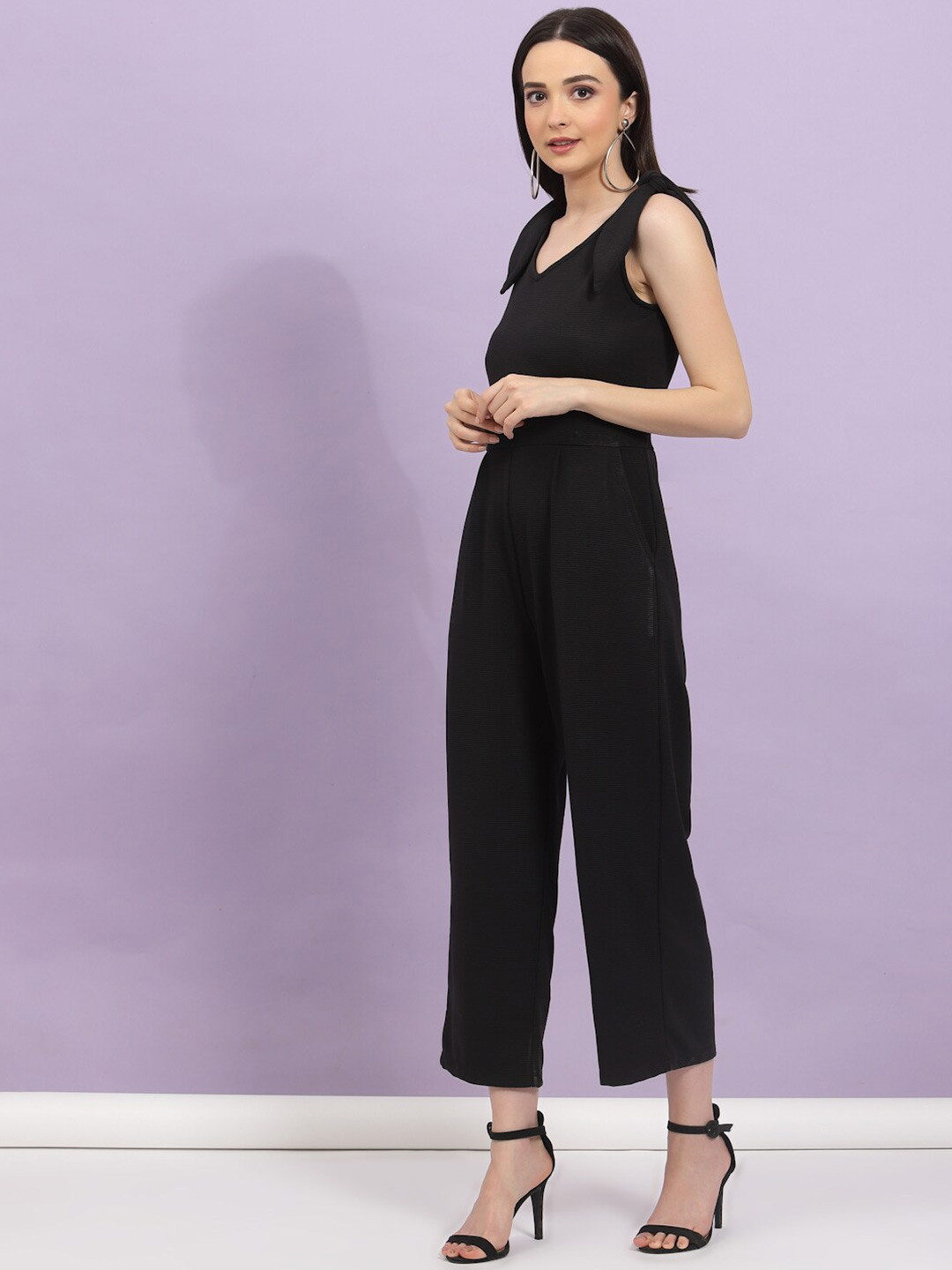 

Rigo Shoulder Straps Sleeveless Culottes Jumpsuit, Black