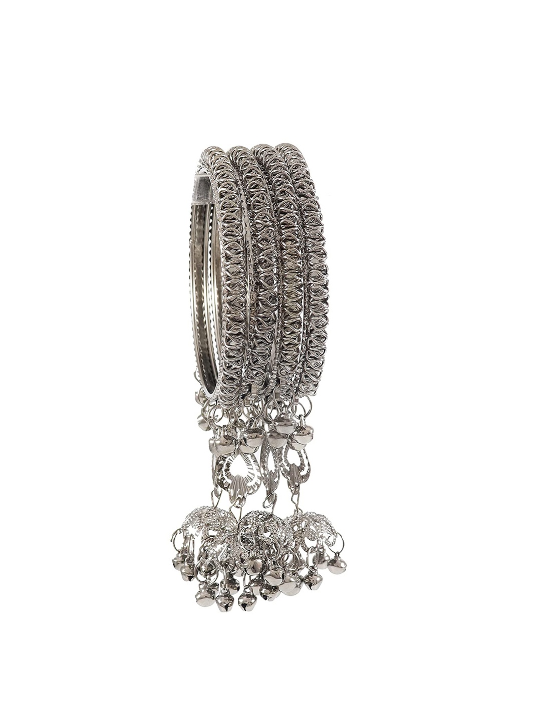 

NMII 4-Pcs Silver-Plated Zircon & Pearls Studded Antique Kada Bangles, Grey