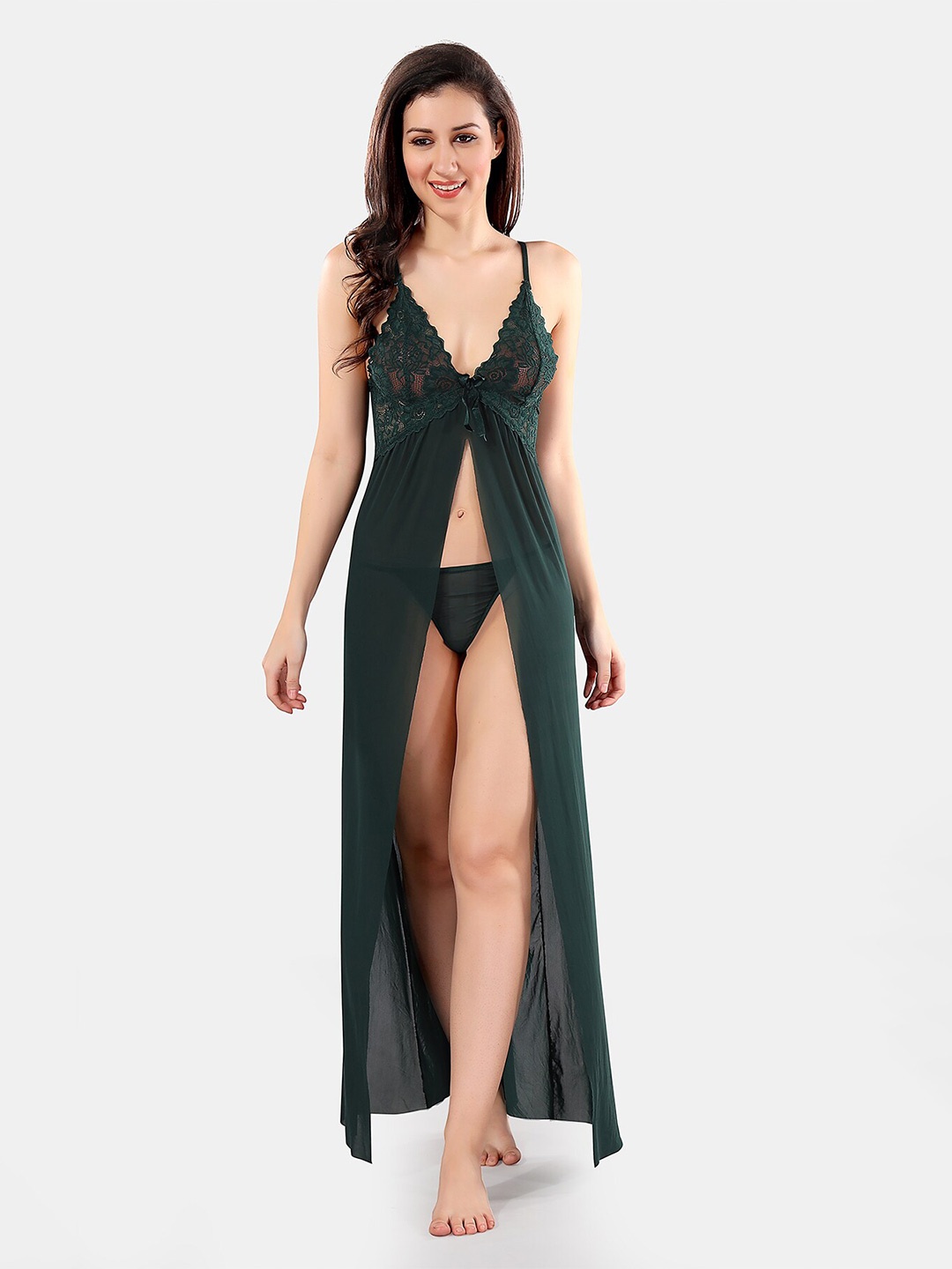 

Be You Net Self Design Baby Doll Dress With Thong, Green