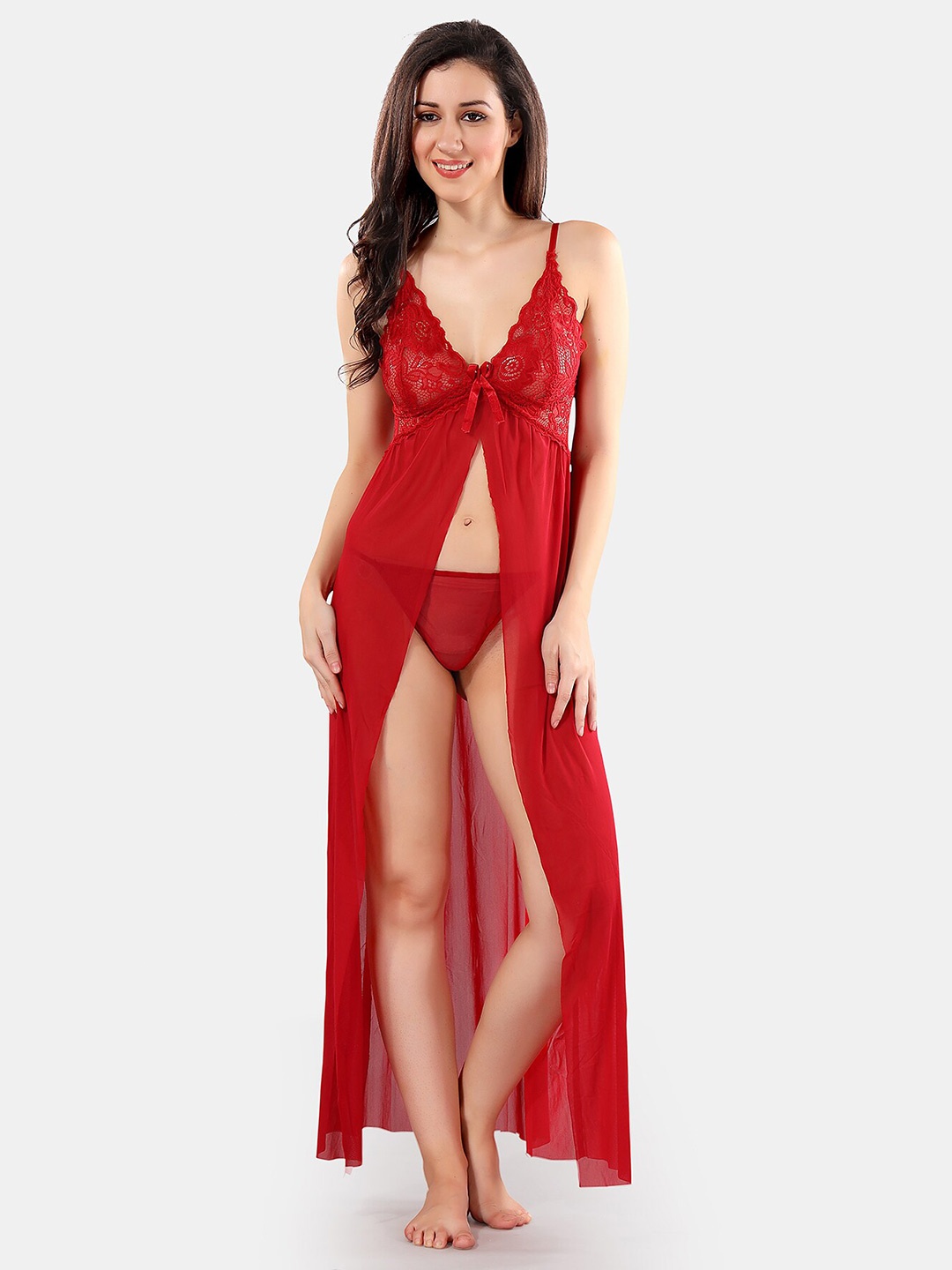 

Be You Net Self Design Baby Doll Dress With Thong, Maroon