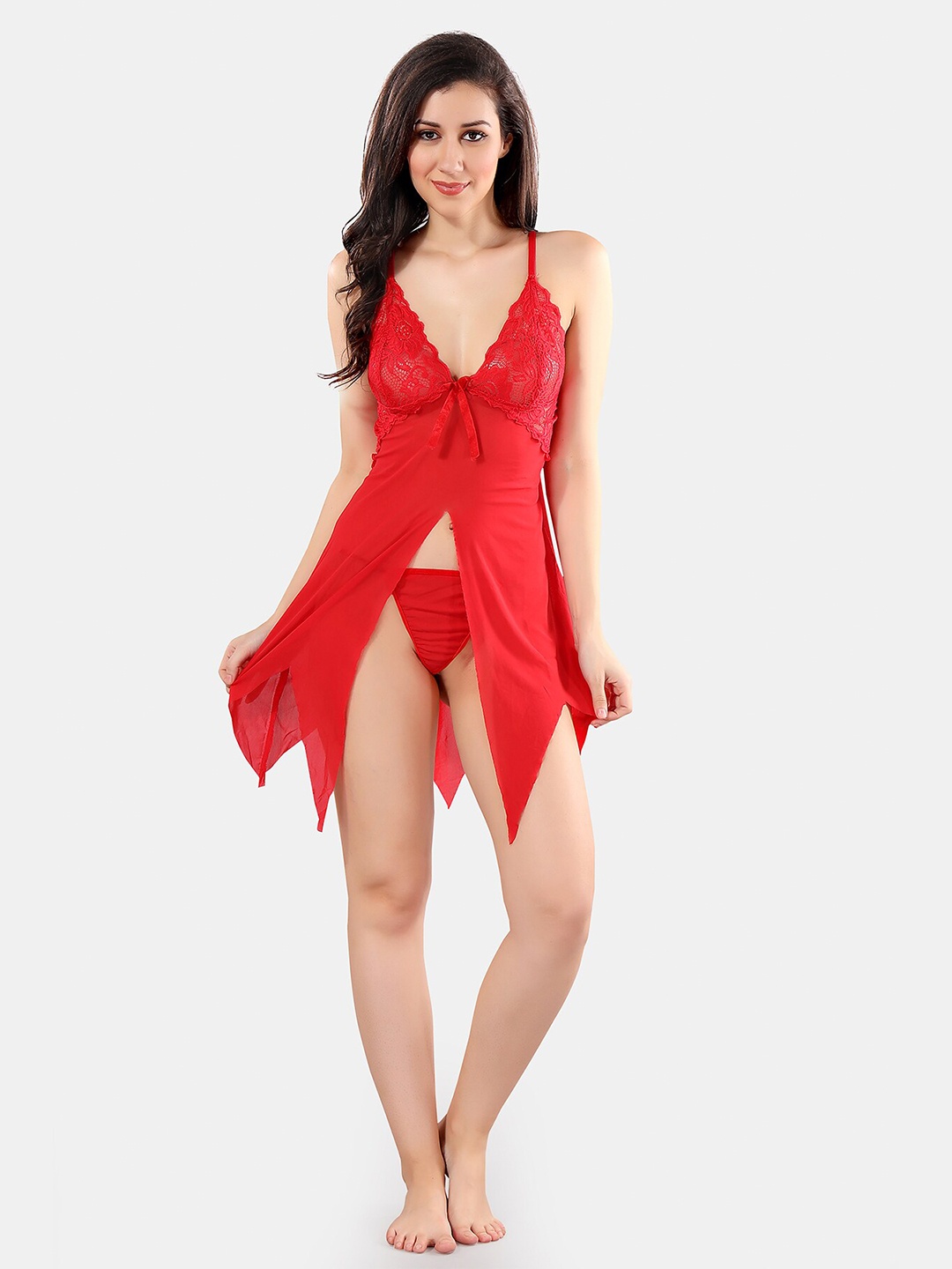 

Be You Net Self Design Baby Doll Dress With Thong, Red
