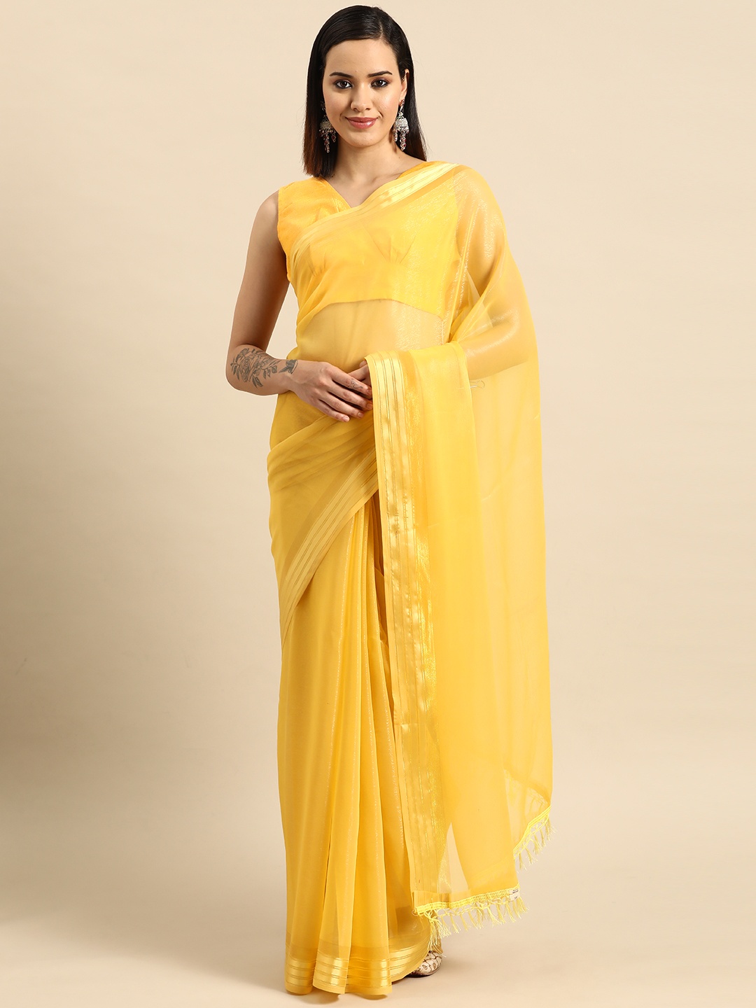 

anayna Solid Georgette Saree, Yellow