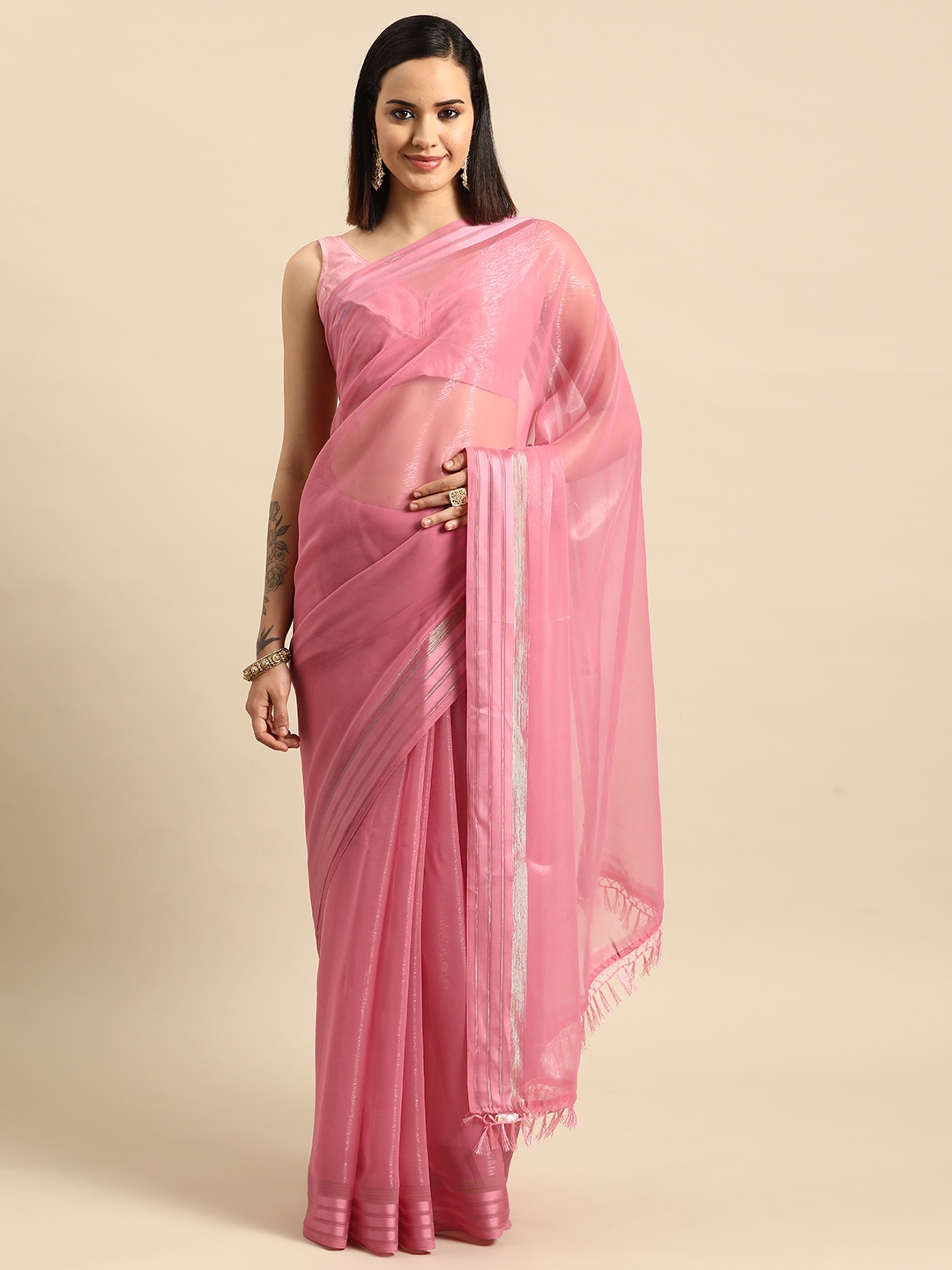 

anayna Solid Poly Georgette Saree, Pink