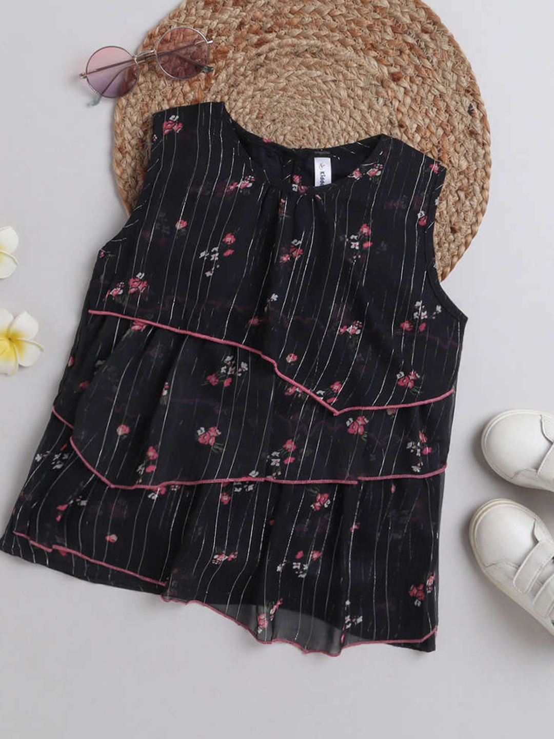 

KiddoPanti Girls Floral Printed Layered Georgette Top, Black