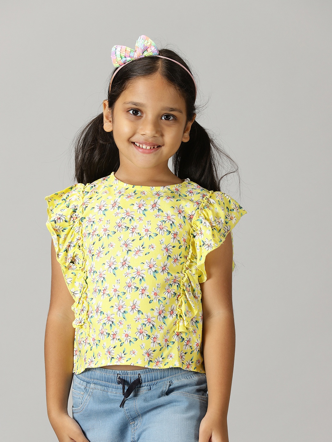 

KiddoPanti Girls Floral Printed Ruffles Top, Yellow