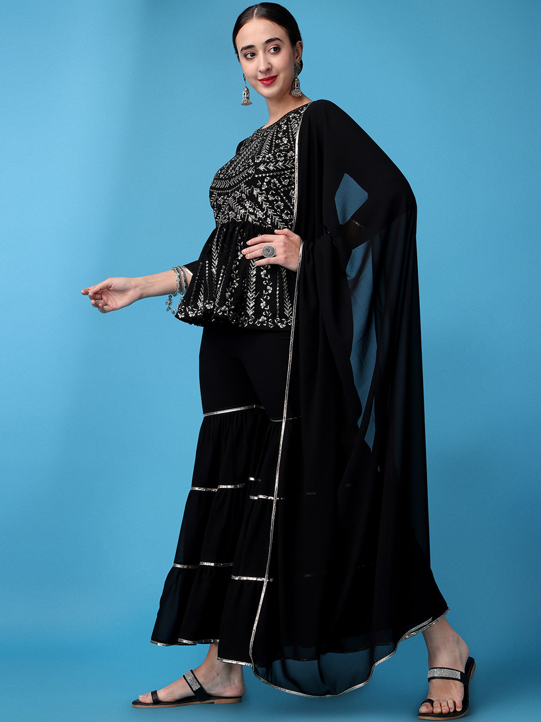 

ASPORA Floral Embroidered Gotta Patti Silk Georgette Kurti with Sharara & With Dupatta, Black