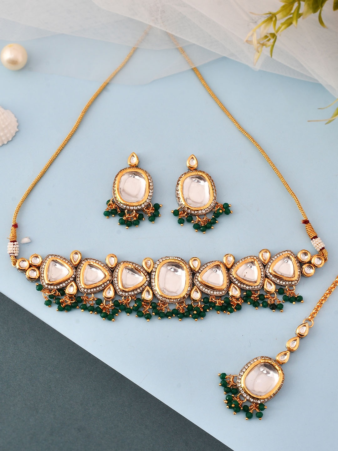 

Shoshaa Gold-Plated Stone-Studded Beaded Jewellery Set