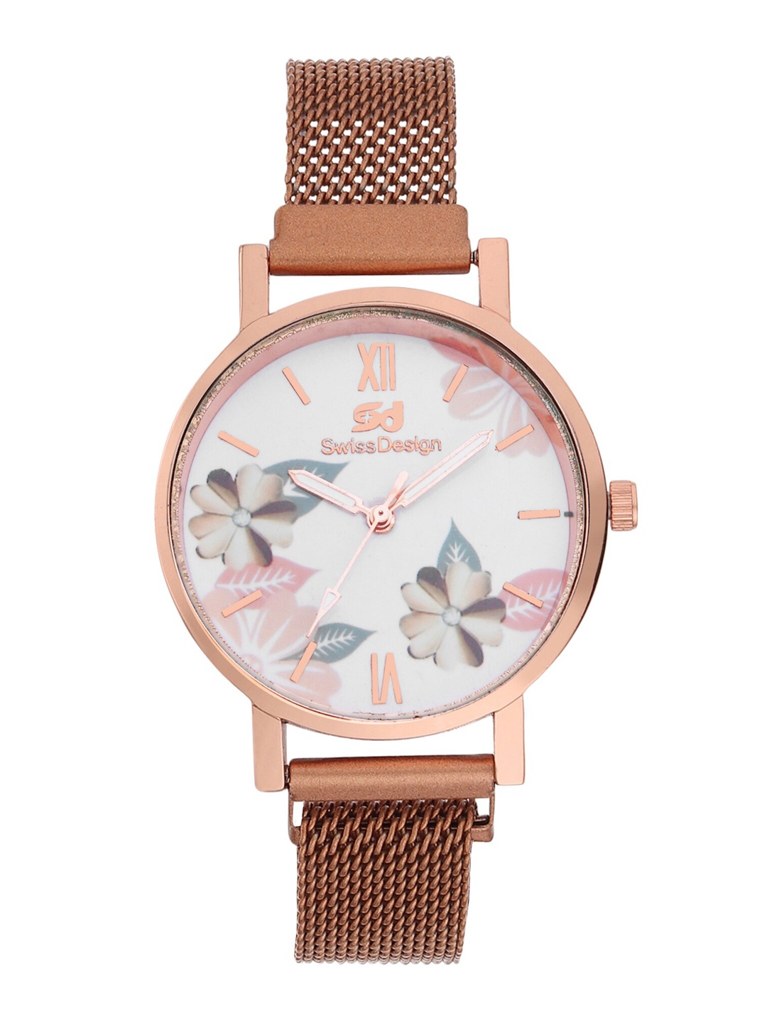 

Swiss Design Women White Embellished Dial & Rose Gold Toned Bracelet Style Straps Analogue Watch SDWJ