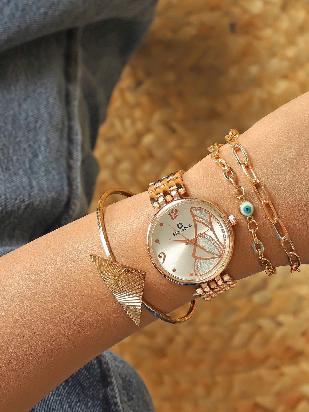 

Swiss Design Women Embellished Dial Bracelet Style Straps Analogue Watch, Rose