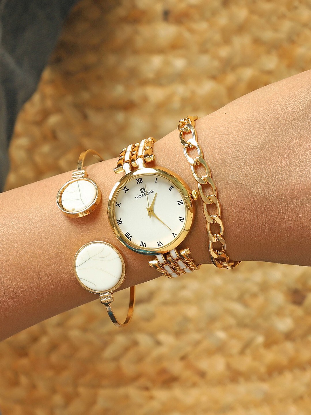 

Swiss Design Women Set Of 3 Analogue Watch & Jewellery Gift Set Watch SDWJ Set-20, Gold