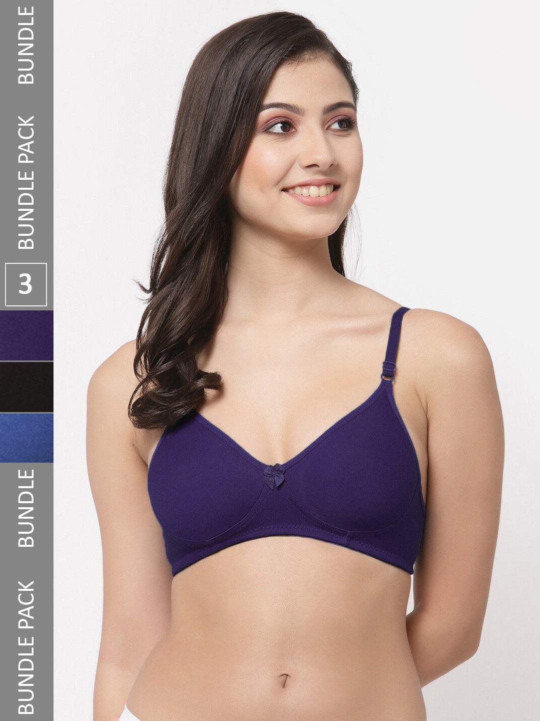 

College Girl Pack Of 3 Lightly Padded Seamless All Day Comfort Cotton T-shirt Bra, Navy blue