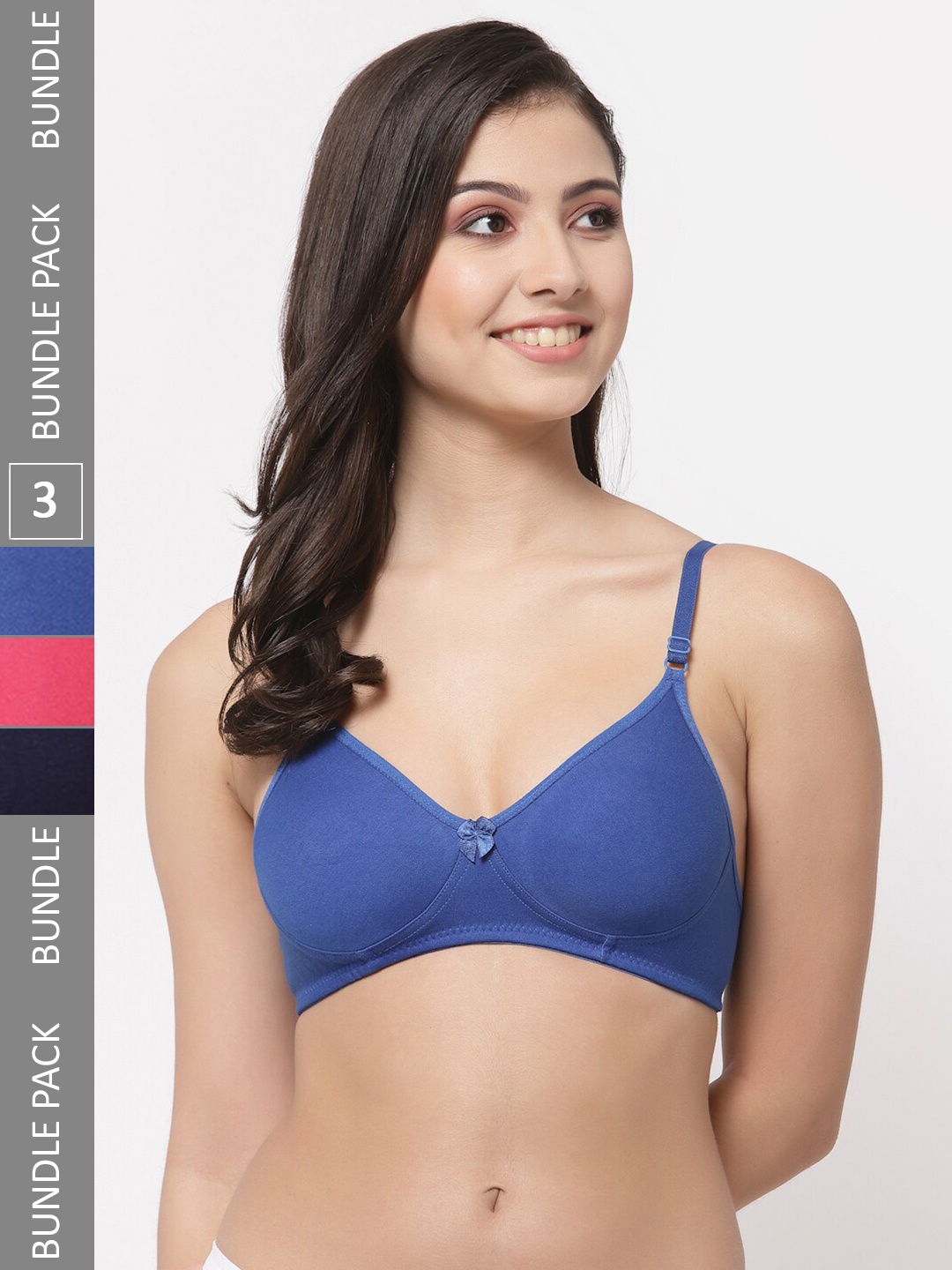 

College Girl Pack of 3 Lightly Padded Non-Wired Full Coverage Cotton T-shirt Bra, Navy blue