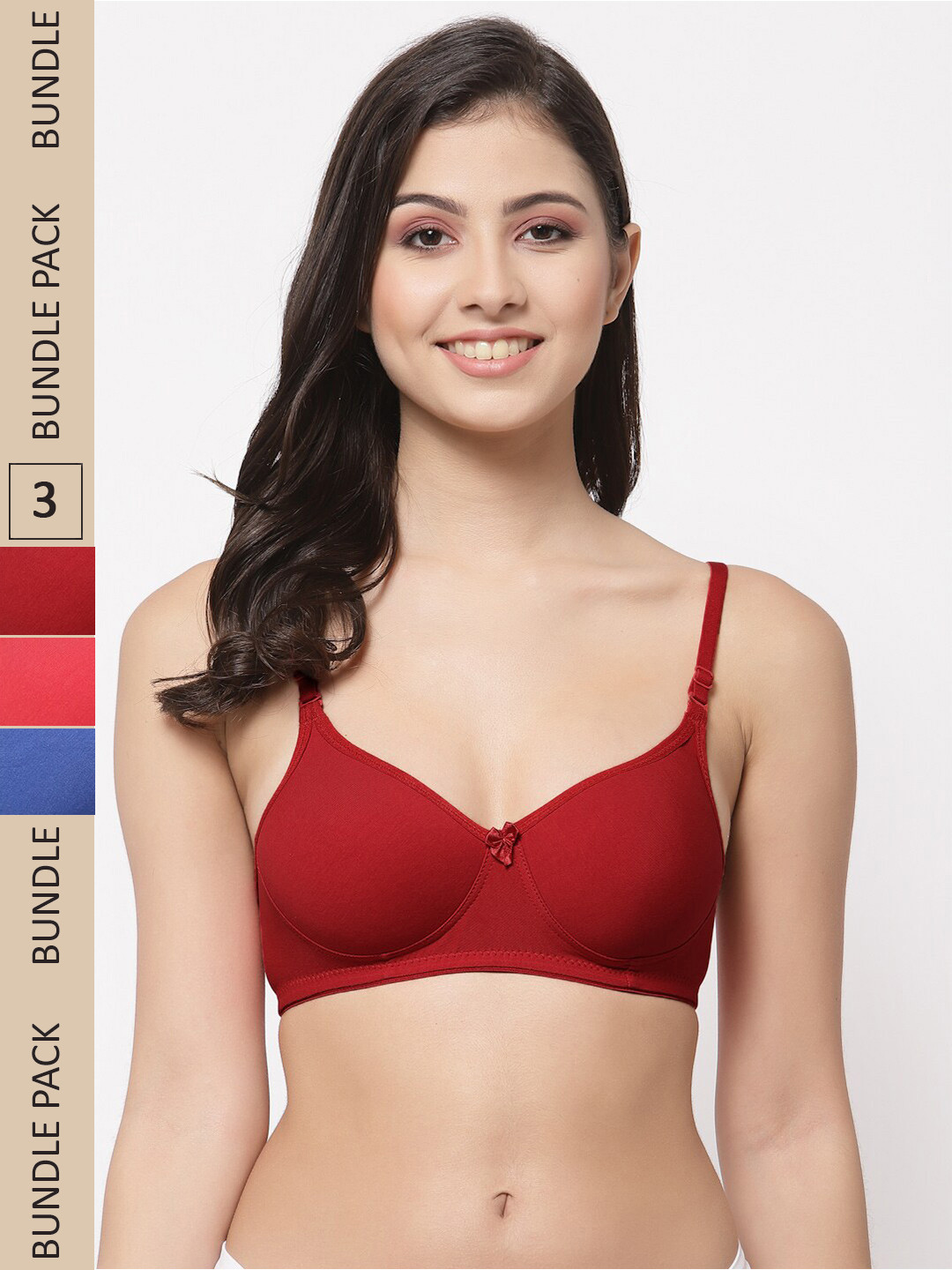 

College Girl Pack Of 3 Lightly Padded Non-Wired All Day Comfort Seamless Cotton Bra, Red