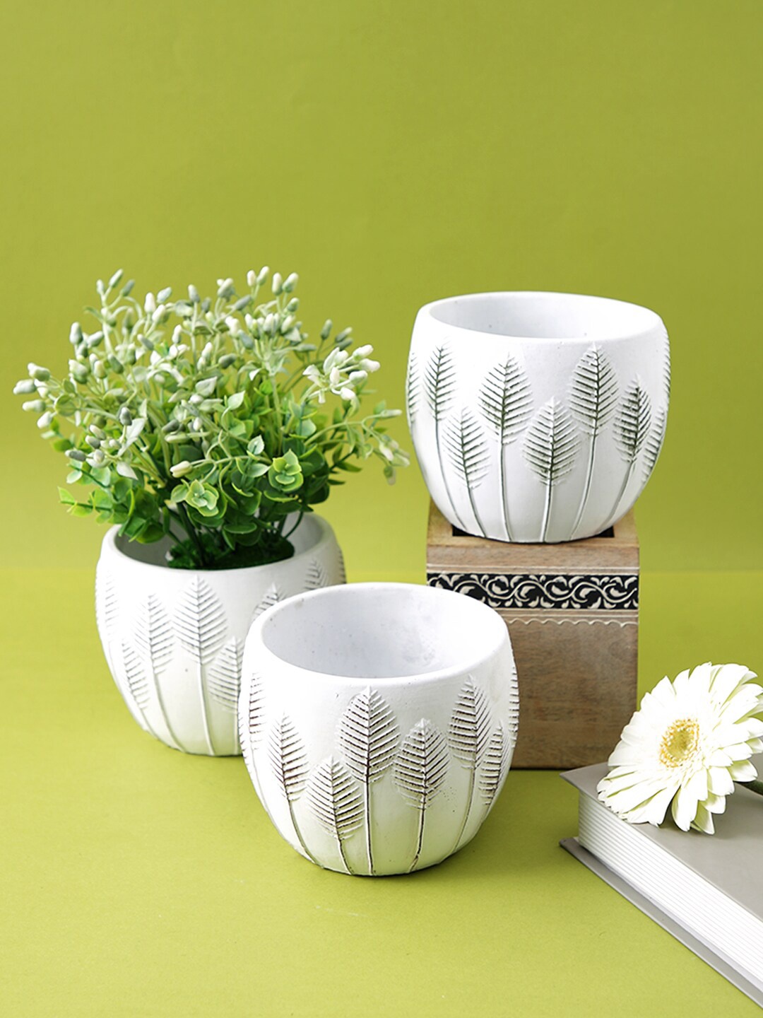 

TAYHAA White 3 Pieces Leaf Pattern Ceramic Planters