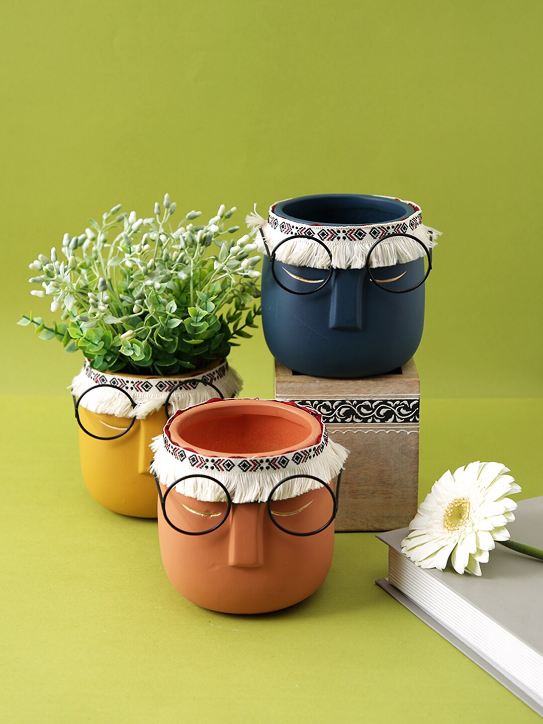 

TAYHAA Blue & Yellow 3 Pieces Specs Human Face Ceramic Planter