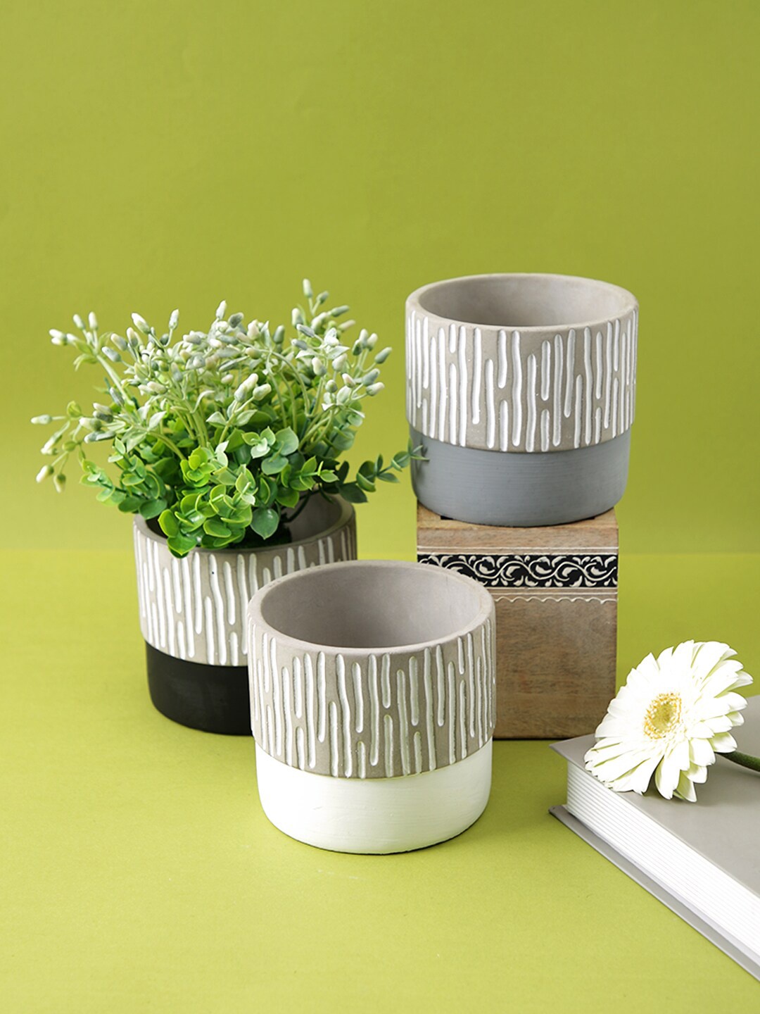 

TAYHAA Grey & White 3 Pieces Textured Ceramic Indoor Planters