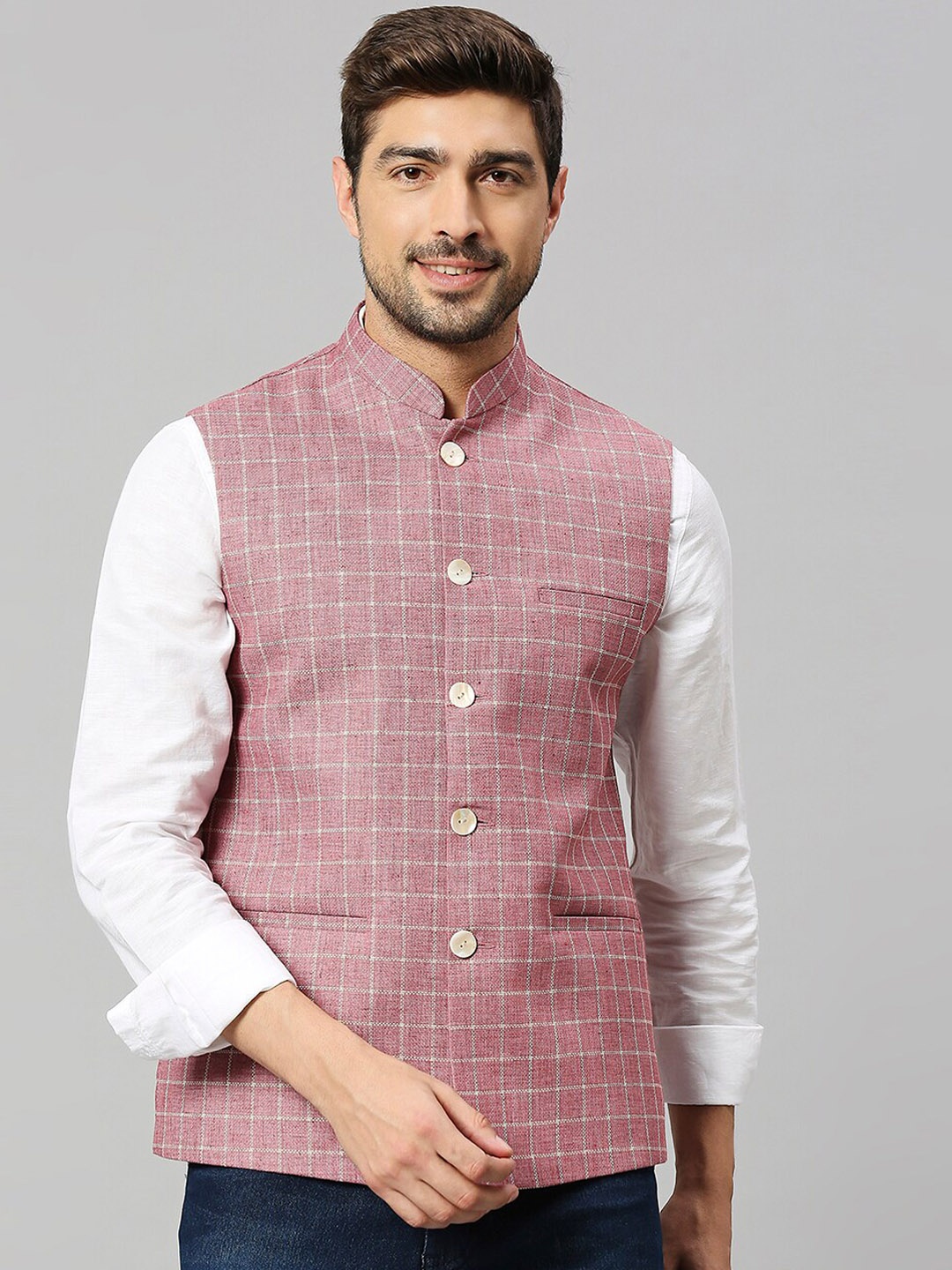 

ESSAS club Checked Woven Nehru Jackets, Pink