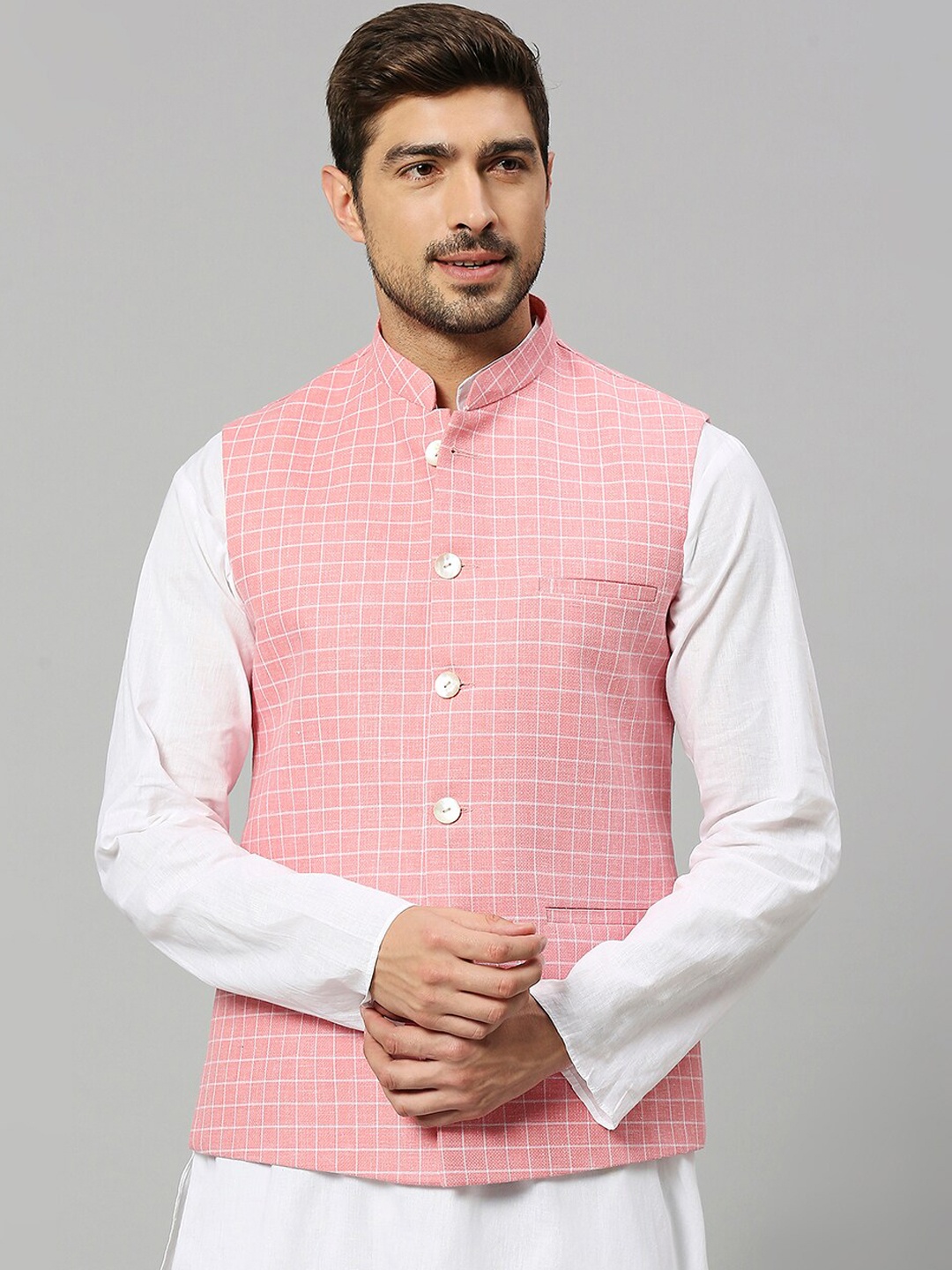 

ESSAS club Checked Woven Nehru Jackets, Pink