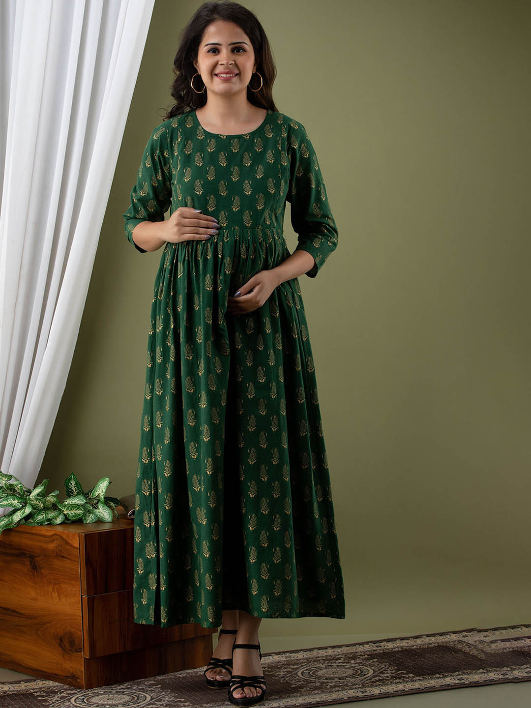 

Mialo fashion Women Ethnic Motifs Printed Maternity Empire Maxi Ethnic Dresses, Green